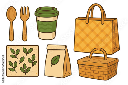 Eco friendly reusable items set. Zero waste lifestyle objects. Wooden utensils, coffee cup, tote bag, paper bag, picnic basket. Sustainable living vector illustration.