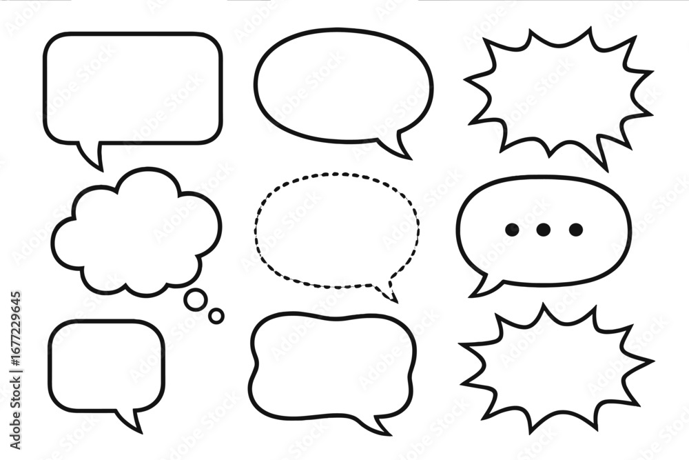 Fototapeta premium Speech bubble vector set for communication. Comic book style dialogue and thought balloons. Message icon, chat symbol, talk box. Thinking, speaking, shouting graphic elements.