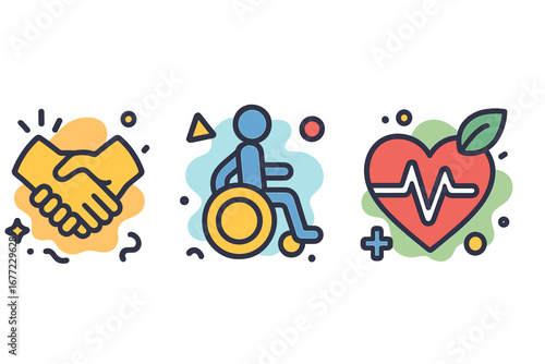 Set of icons representing collaboration, accessibility, and health. Handshake for partnership, wheelchair for disability inclusion, and heart for medical care. Vector cartoon illustration.