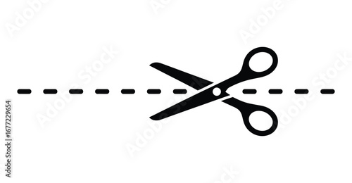  Minimalist scissors icon cutting along dashed line in black silhouette, symbolizing trimming or crafting instructions on clean background
