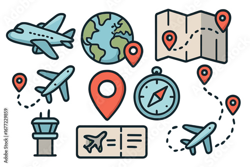 Air travel icon set for tourism and transportation. Vector cartoon illustration of airplane, flight path, map, globe, compass, location pin, and boarding pass for vacation journey.