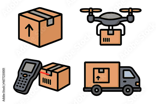 Logistics and delivery icon set. Vector cartoon illustration of shipping service concepts. Includes package, drone with box, truck, and barcode scanner for cargo tracking.