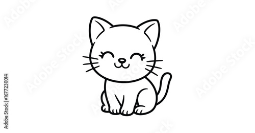  Minimalist cartoon cat line drawing with happy expression, curled tail, and upright pose on clean background