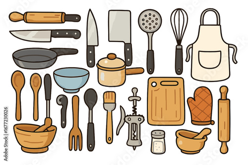 Kitchen utensils and cooking tools set. Vector cartoon icons for culinary preparation. Flat lay collection of kitchenware, cookware, and restaurant equipment. Isolated items.