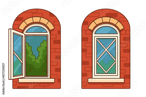 Vector comparison of open and closed arched windows on a brick building facade. Residential architecture illustration. Concept of opportunity, choice, fresh air, privacy, home.