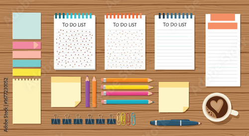 Organized workspace with to-do lists, pencils, and coffee, perfect for planning and productivity