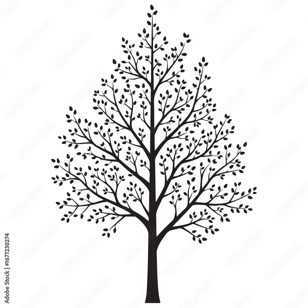 Obraz premium Stylized Black Silhouette of a Leafy Tree with Branches on a White Background