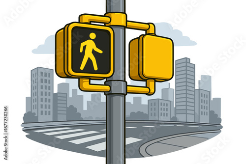 New Pedestrian Crossing Signal with Bright Yellow Design at Busy City Intersection, Daytime Urban Vector Cartoon Illustration, Traffic Safety Sign with Transparent Background