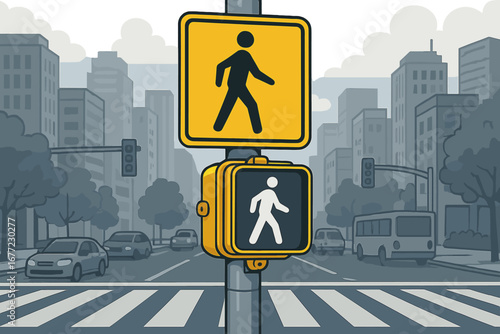 New pedestrian crossing signal installed at busy city intersection during daytime with bright yellow design, vector cartoon illustration demonstrating urban traffic safety and pedestrian walk signs