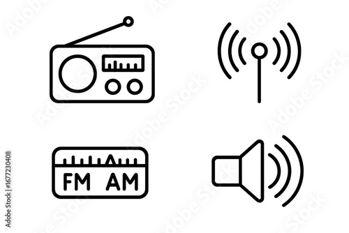 Radio Tuner Icon Set, Radio Broadcast Outline Symbols, Vector Cartoon Illustration with Transparent Background, Ordered Set of Radio Frequency, Signal, FM AM, and Sound Icons