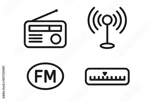 Radio tuner icon set, radio broadcast outline vector symbols, FM transmitter and frequency dial, black linear radio symbols with transparent background, ordered vector collection
