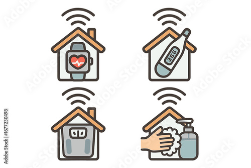 Smart home technology icons for health monitoring, hygiene, and wellness in modern household settings, vector cartoon illustration with wireless signals and transparent background