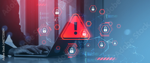 Photography Cybersecurity breach warning concept with red alert symbols and padlocks over person typing on laptop in digital environment background