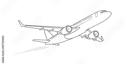  Minimalist line drawing of commercial airplane in flight with retracting landing gear, engines, and upward angle on clean background