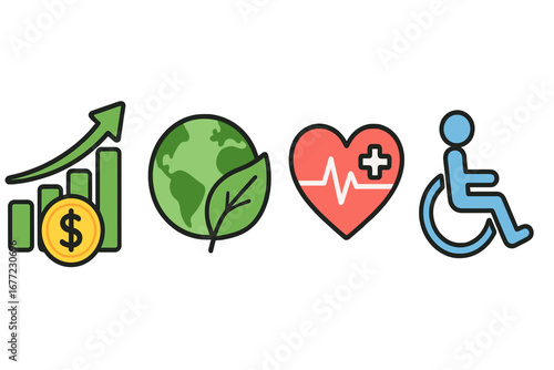 Financial Growth, Environmental Sustainability, Healthcare, and Accessibility Symbols in Modern Society - Vector Cartoon Icons with Transparent Background