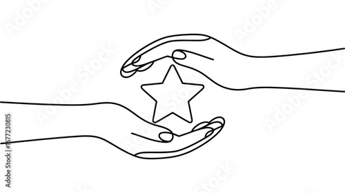  Minimalist line drawing of two hands gently holding a five-pointed star, symbolizing care, recognition, and value on clean background