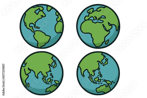 Minimalist Earth Globe Vector Illustrations, Set of Four Cartoon Style Globes Showing Land and Water Features with Transparent Background, Artistic World Map Icons for Design