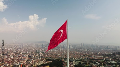 Aerial Drone Forward Push-In to Turkish Flag on Hill in Istanbul Turkey – 4K City Reveal