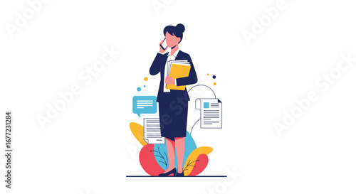 Professional businesswoman confidently handles calls and documents in a modern office setting.
