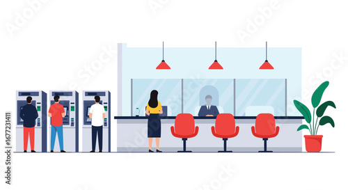 Modern bank interior with customers at ATMs and teller, conveying financial services and efficiency.