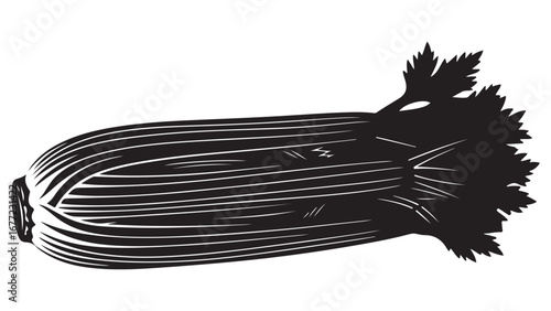 Graphic Black and White Celery Stalk with Fresh Leaves