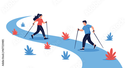 Active couple enjoying invigorating Nordic walking on a scenic path surrounded by nature