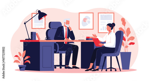 Professional collaboration unfolds as colleagues discuss strategy in a modern, bright office setting.