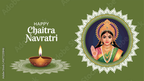 Chaitra Navratri illustration with goddess Durga, blessing gesture, ornate diya, mandala frame, and festive greeting on green background 