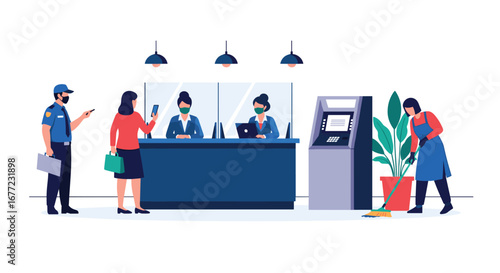 Secure and clean bank environment with staff and customers adhering to safety protocols