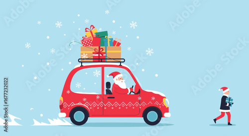 Santa drives red car overloaded with gifts through snowy landscape to deliver presents to waiting child