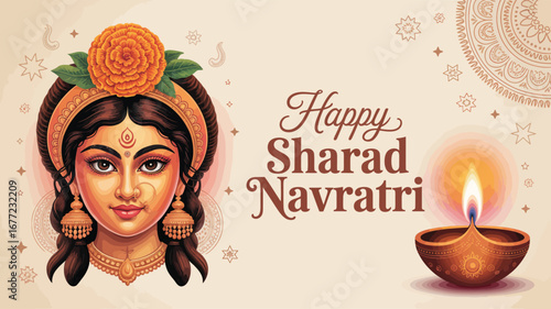  Sharad Navratri illustration with goddess face, marigold adornment, mandala background, diya, and elegant festive greeting on beige backdrop