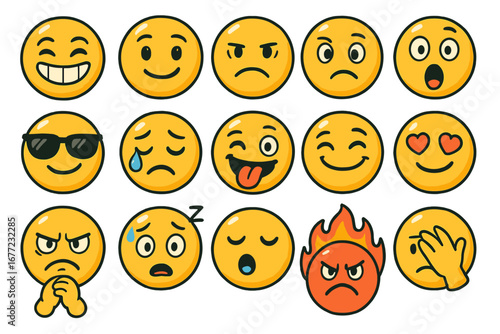Various emoticons depicting diverse emotions and reactions, colorful cartoon vector illustration, digital communication icons, expressive facial expressions, transparent background