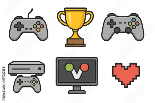 Various gaming elements and icons in a clean simple layout including game controllers, screen displays, trophies, and pixel heart symbol, vector cartoon illustration