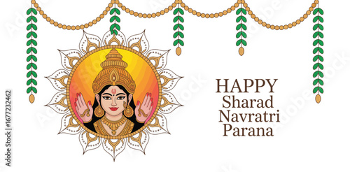 Sharad Navratri Parana illustration with goddess Durga in blessing pose, floral frame, garlands, and festive greeting on decorative background 