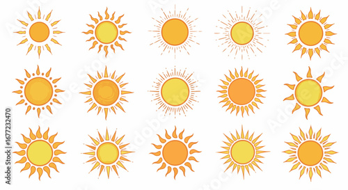 Bright sun icon set suitable for summer design, weather symbols, children’s illustrations, and cheerful decoration
