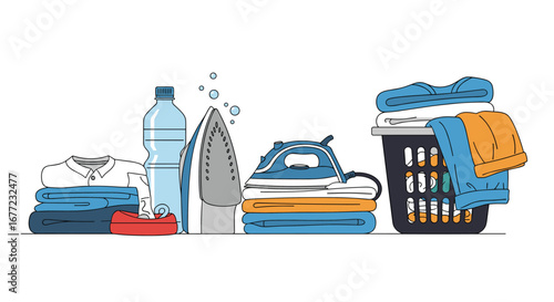 Effortless laundry day with irons, folded clothes, and a basket full of clean items.
