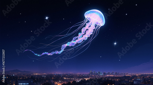 The image shows a jellyfish floating over a city at night