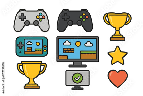 Various gaming elements and icons including controllers, screens, trophies, stars, and hearts in a colorful vector cartoon illustration for game design and entertainment