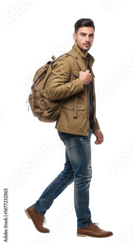 Man walking with backpack isolated on transparent background