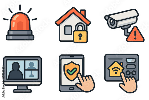 Various Home Security Icons Depicting Alerts, Surveillance, Monitoring, Smart Controls, and Digital Protection Systems in Modern Vector Cartoon Style with Transparent Background
