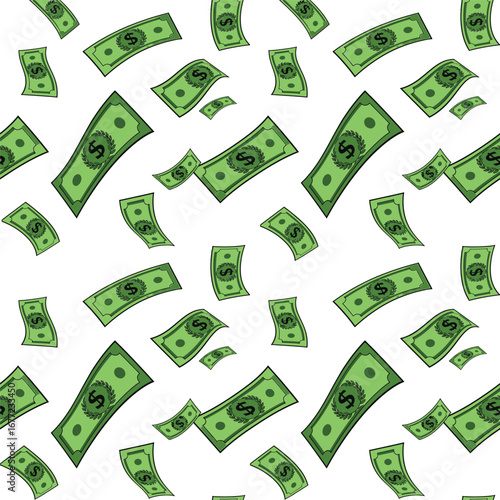 A dense seamless background pattern of green cartoon US dollar bills raining down from the sky, vector illustration