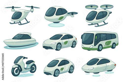 Various modes of transportation showcasing futuristic and eco-friendly designs including drones, hover vehicles, electric cars, boats, buses, and scooters. Vector cartoon illustration