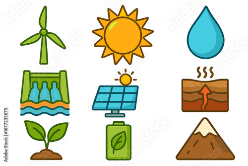 Various Renewable Energy Symbols Showcasing Sustainable Energy Sources, Eco-Friendly Power Icons, Geological and Environmental Elements, Vector Cartoon Illustration for Education and Green Technology