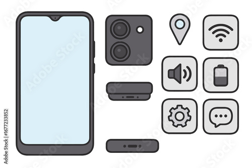 Various smartphone components and essential function icons arranged in modern vector cartoon style, illustrating camera, connectivity, battery, sound, settings, and messaging features