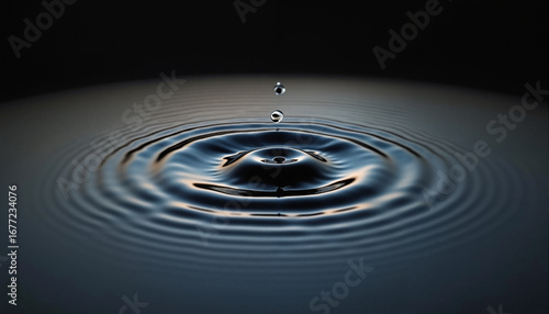 The image shows a single drop of water falling into a pool of water