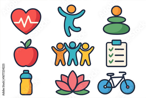 Colorful vector icons representing health, wellness, physical activity, balance, hydration, nutrition, meditation, community support, and lifestyle in modern cartoon style