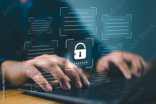 Documents confidentiality, cyber security protection concept. Protecting herself from cyber attacks. Software for security, searching and managing corporate document and employee information.