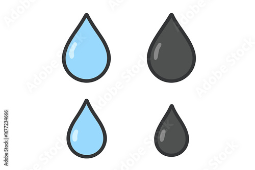 Water Drop Icon Set, Raindrop and Oil Symbols, Vector Cartoon Illustrations, Transparent Background, Fluid Icons Collection, Rain, Liquid, Nature, Oil, Water Cycle