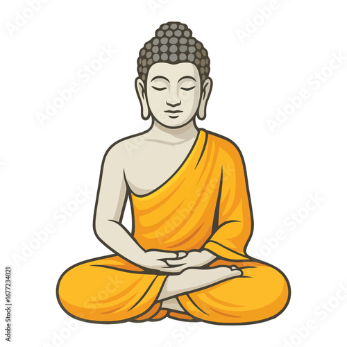 Seated Buddha in a meditative posture, embodying calm, spiritual peace, and enlightenment, vector illustration