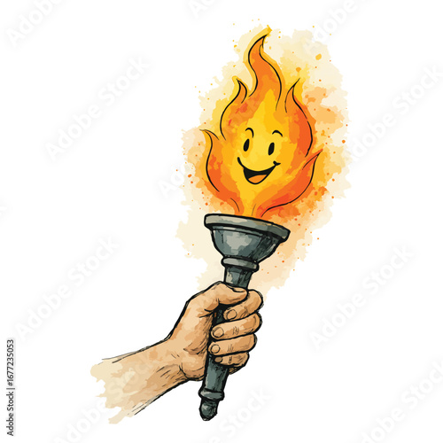 Hand holding a torch with a smiling flame, symbolizing joy in discovery and illumination, vector illustration